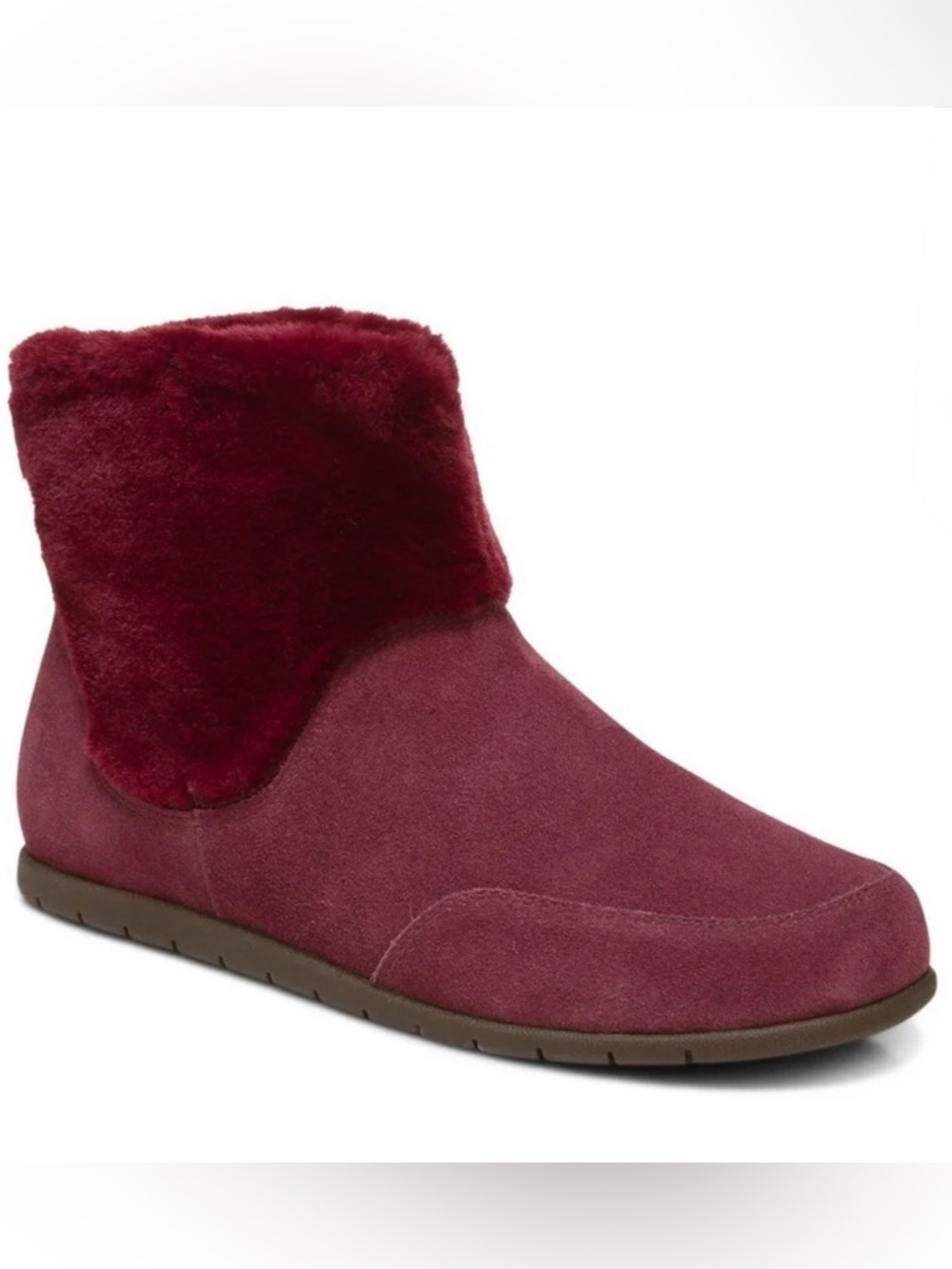 Vionic Maizie Suede Boots in Port with Faux Fur Trim 8.5